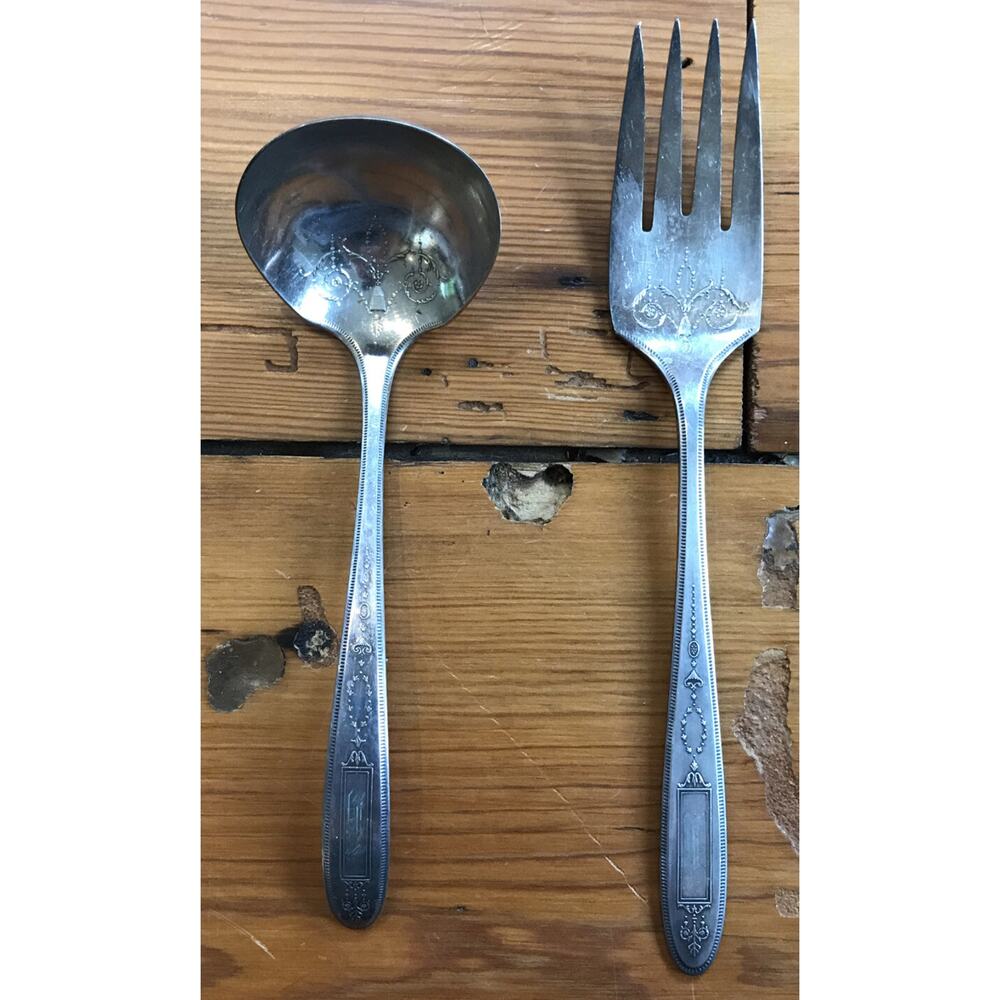 Set Pair Vtg Antique Oneida Silverplate Community Plate Gravy Spoon Serving Fork